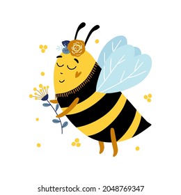 Honey bee vector illustration isolated on white background. Childish character, vector hand drawn illustration.