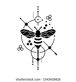 Honey bee vector image. Tattoo of a bee with honeycombs.