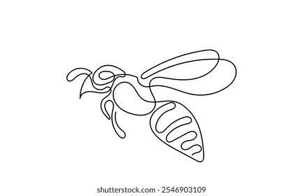 Vector de abeja de miel, un dibujo de línea continua de una abeja de miel. dibujo de una sola línea de una abeja voladora. arte de línea aislado en un fondo blanco, que ilustra una abeja de miel y un panal.