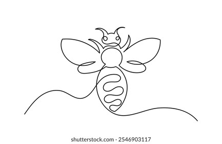 Vector de abeja de miel, un dibujo de línea continua de una abeja de miel. dibujo de una sola línea de una abeja voladora. arte de línea aislado en un fondo blanco, que ilustra una abeja de miel y un panal.