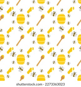 Honey bee vector pattern. Harvest farmhouse seamless background. Cute hand drawn illustration with hive 