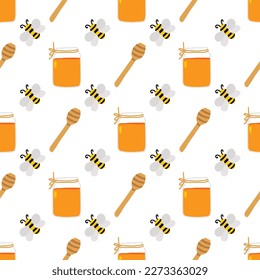 Honey bee vector pattern. Harvest farmhouse seamless background. Cute hand drawn illustration with mason jar and wooden spoon