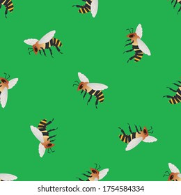 Honey bee vector seamless pattern background. Delicate hand drawn striped flying insect on grass green backdrop. Garden bug illustration repeat. All over print for summer, food, conservation concept.