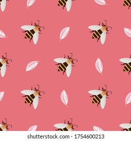 Honey bee vector seamless pattern background. Delicate hand drawn flying insect and subtle petal pink backdrop. Garden bug illustration repeat. All over print for food, healthy lifestyle concept