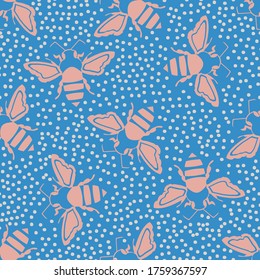 Honey bee vector seamless pattern background. Bright blue and pink silhouettes of hand drawn flying insect on dotted backdrop. Garden bug repeat. All over print for summer, wellness, baby products