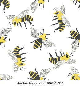 Honey bee vector seamless pattern background. Black and yellow hand drawn flying insect on white backdrop. Garden winged bug repeat. All over print for summer, wellness, conservation, environment