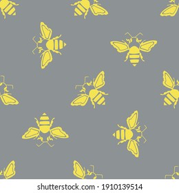 Honey bee vector seamless pattern background. Yellow silhouette stencil style hand drawn flying insect on grey backdrop. Garden winged bug all over print for summer, conservation, food concept