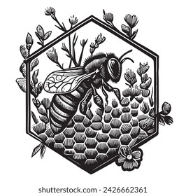 Honey bee vintage vector drawing. Hand drawn isolated insect sketch. Engraving style illustrations. Great for logo, icon, label, packaging design.