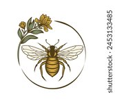 Honey Bee Vintage Vector Logo with Hand Drawn Sketch. Natural Organic Design Concept with Circle Flower Wreath Frame