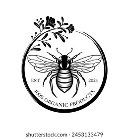 Honey Bee Vintage Vector Logo with Hand Drawn Sketch. Natural Organic Design Concept with Circle Flower Wreath Frame