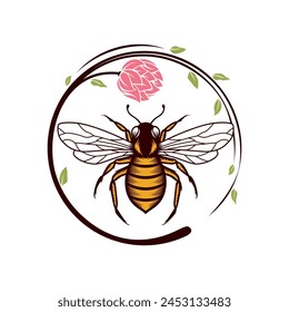 Honey Bee Vintage Vector Logo with Hand Drawn Sketch. Natural Organic Design Concept with Circle Flower Wreath Frame