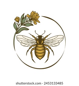 Honey Bee Vintage Vector Logo with Hand Drawn Sketch. Natural Organic Design Concept with Circle Flower Wreath Frame