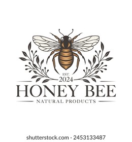 Honey Bee Vintage Vector Logo with Hand Drawn Sketch. Natural Organic Design Concept with Flower Wreath Frame