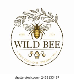 Honey Bee Vintage Vector Logo with Hand Drawn Sketch. Natural Organic Design Concept with Circle Flower Wreath Frame