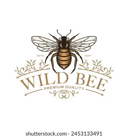 Honey Bee Vintage Vector Logo with Hand Drawn Sketch. Natural Organic Design Concept with Flower Wreath Frame