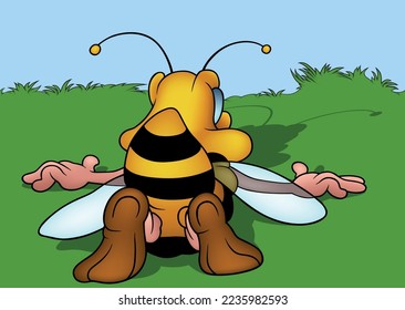 Honey Bee or Wasp Lying on the Ground from the Back - Colored Cartoon Illustration with Background, Vector