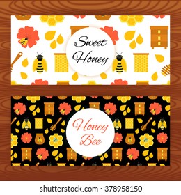 Honey bee web banners on wooden texture.Vector illustration of apiculture template.