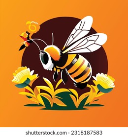 Honey bee working hard and polinating flower. Generative AI