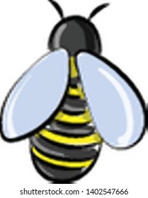 A honey bee in yellow and black colour with blue wings , vector, color drawing or illustration.
