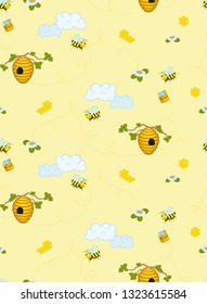Honey, beehive and bees seamless pattern. On a yellow background.