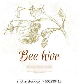 Honey from beehive, hive, illustration in a sketch style, background on the topic of honey, a swarm of bees at work