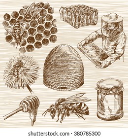 Honey. Beehive and honey. Honeycomb. Bottle with honey. Beekeeper with honey.. Hand drawn set.