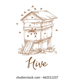 Honey from beehive, wooden hive, illustration in a sketch style,, background on the topic of honey, a swarm of bees at work