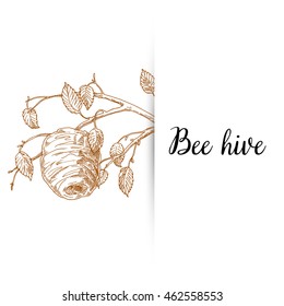 Honey From Beehive, Wooden Hive, Illustration In A Sketch Style, Background On The Topic Of Honey, A Swarm Of Bees At Work