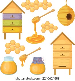 Honey and beehives. A large set of images of honey, beehives and accessories for honey and also honeycombs. Vector illustration in cartoon style
