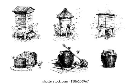 Honey, beehives and pots of honey. Healthy lifestyle, delicious products, a set of templates for menu design, restaurants and catering, label ang packaging. Hand-drawn images, black and white graphics