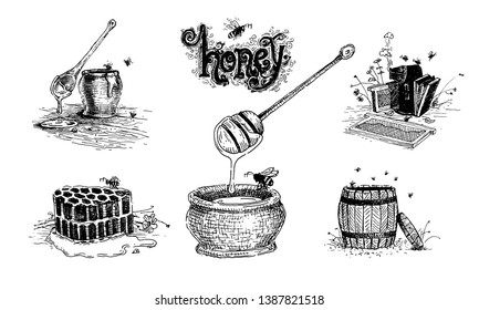 Honey, beehives and pots of honey. Natural products and healthy lifestyle, delicious products, a set of templates for menu design, restaurants and catering. Hand-drawn images, black and white graphics