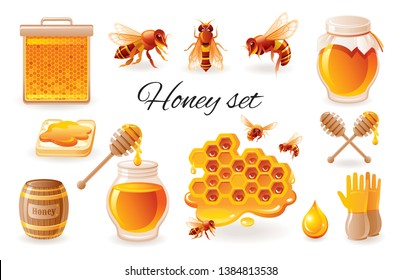 Honey beekeep icon set with honeycomb, honeybee -  bee insects, honey jar, drop, syrup toast. Realistic 3d color glossy vector illustrations isolated on white background. Organic food design concept