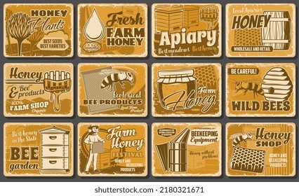 Honey beekeeping apiary, beekeeper hives and honeycomb, vector retro posters or metal plates. Apiary farm and beekeeper gathering honey from hives and honeycombs, beekeeping equipment and bee products