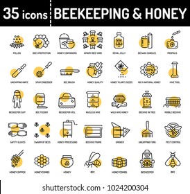 Honey beekeeping and apiculture line icons. Honey processing, beekeeper equipment tools, organic products, apiary. Editable stroke.