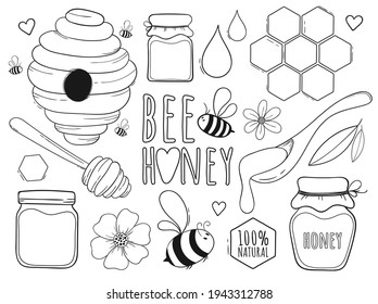 Honey and beekeeping collection. Doodle, outline illustration. Set of bee, honey jars, hive, flowers, honeycomb and honey spoons. Isolated hand drawn cartoon style vector illustration.