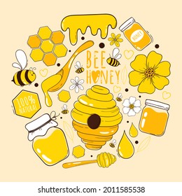 Colección de miel y apicultura en forma redonda. Abeja, jarras de miel, colmena, flores, panecillos y cucharas de miel. Ilustración vectorial de estilo caricatura dibujada a mano.	