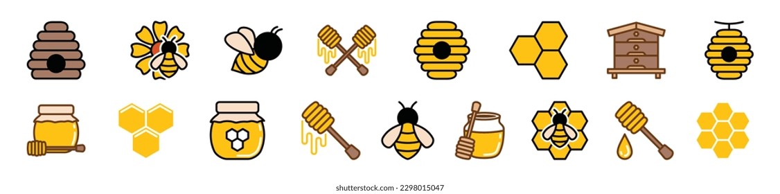 Honey and beekeeping colors icons vector set with editable stroke. Bee, beehive, honeycomb, honey, jars, hive, spoons, flowers icons collection on white background. Vector illustration