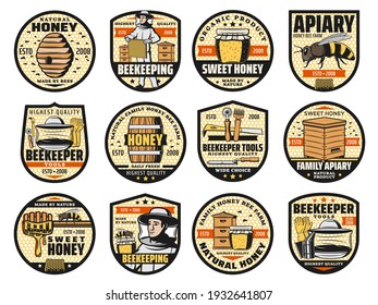 Honey and beekeeping farm vector icons, family apiary products, beehive honeycomb, wooden barrel and honey splash drops. Apiculture production and beekeeper tools shop isolated labels or emblems set