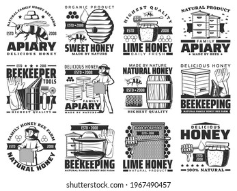 Honey and beekeeping farm vector icons, family apiary products, agriculture production and beekeeper tools shop isolated labels. Beehive honeycomb, wooden barrel and honey splash drops emblems set