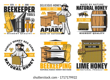 Honey and beekeeping farm, vector farm made product icons. Family apiary agriculture production and beekeeper tools shop labels, beehive honeycomb, wooden barrel and honey splash drops