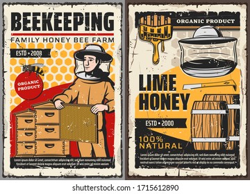 Honey and beekeeping farm, vector retro vintage posters. Family organic agriculture, beekeeper with honeycomb at apiary taking lime honey from beehives, wooden barrels and honey splash drops