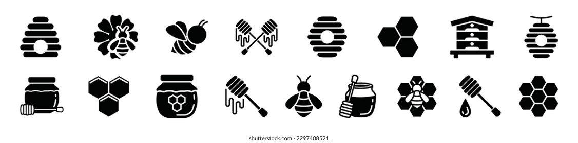 Honey and beekeeping flat icons vector set with editable stroke. Bee, beehive, honeycomb, honey, jars, hive, spoons, flowers icons collection on white background. Vector illustration
