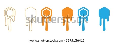 Honey and beekeeping flat icons vector set with editable stroke. Bee, beehive, honeycomb, honey, jars, hive, spoons,honey dripping in orange and blue color schemes,editable stroke icons,