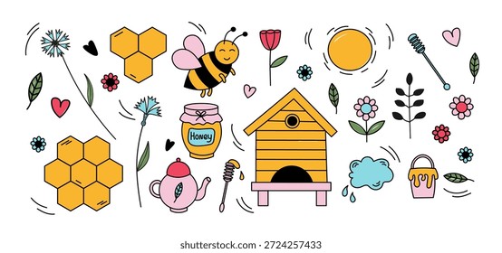 Honey and Beekeeping. Hand drawn in cartoon style Bee, hives, honeycomb, honey jar, flowers. For design, packaging, beekeeper logos, card, label. Isolated white background. Food and farm