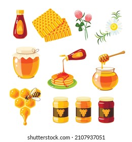 Honey and beekeeping icon collection. Vector cartoon flat illustration set isolated on white background.