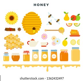 Honey and beekeeping, icon set in flat style. Bees, beehive, honeycomb, honey, beekeeping tools, flowers and fruits, different kinds of honey in glass jars, isolated on white. Vector illustration.