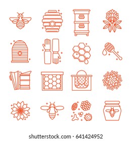 Honey and beekeeping icons Apiary, hives, bees, equipment, flowers. For eco products of beekeeping, cosmetics medicine In a linear style