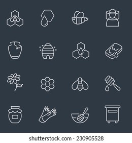 Honey and beekeeping icons, thin line design, dark background