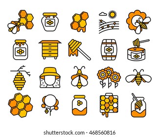 Honey and beekeeping  isolated icons set with bees, beekeeper, honeycombs. Vector illustration in linear style. Can be used for card, honey and beekeeping  advertising flyer, and printed materials