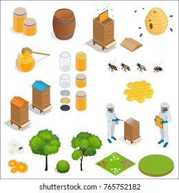 Honey and beekeeping isometric design elements. Apiary, honey, beekeeper, hives, bees, equipment, flowers. For eco products of beekeeping, cosmetics medicine